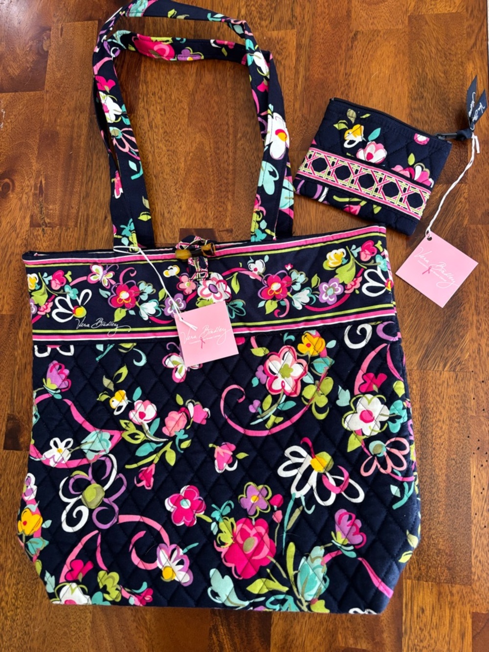 Vera Bradley navy Quilted Floral Tote with Matching Wristlet